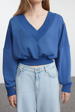 Indigo Relaxed/Rahat Kal?p V Yaka Kal?n Orme Sweatshirt TWOAW25SW00086 - Trendyolmilla фото 4