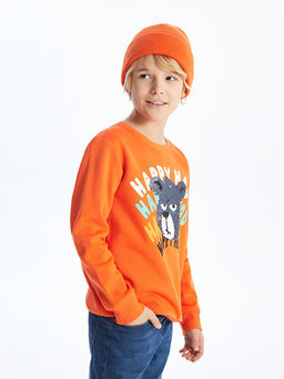 Bisiklet Yaka Bask?l? ?ift Y?nl? Payetli Uzun Kollu Erkek ?ocuk Sweatshirt