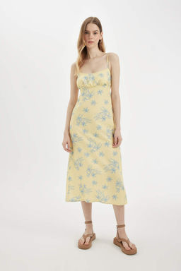 Льняное платье миди с цветочным принтом и бретельками А-силуэта - Defacto фото 6