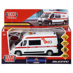Машина металл свет-звук Fiat Ducato Скорая 14 см, двер, инерц, тележ, белая