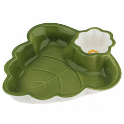 Блюдо керамическое "Зеленый лист" 235х205х40мм, 540мл, с соусником д77мм, 60мл, с деколью, зеленый, в коробке (Китай)