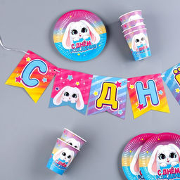 Посуда одноразовая бумажная «Зайка», 6 тарелок, 6 стаканов, 1 гирлянда