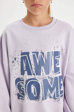 Сиреневый свитшот оверсайз с широким кроем и круглым вырезом с принтом для девочек - Defacto фото 5