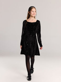 Kare Yaka Kadife K?z ?ocuk Elbise