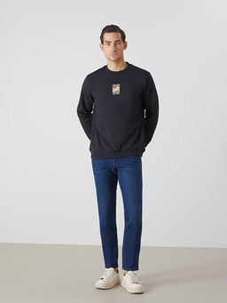 Bisiklet Yaka Bask?l? Erkek Kal?n Sweatshirt