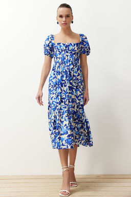 Mavi Cicekli Skater Gipe Yaka Detayl? Shally Midi Dokuma Elbise TWOSS24EL00952 - Trendyolmilla фото 2