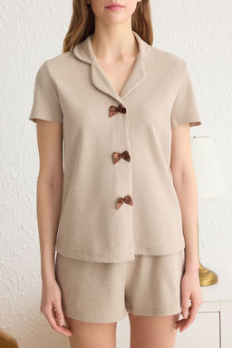 Trendyolmilla Pembe Kurdele/Fiyonk Detayl? Waffle Kumas Sortlu Orme Pijama Tak?m? THMSS25PT00014  фото 3