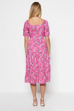 Pembe A Kesim Balon Kollu Cicek Desenli Midi Dokuma Elbise TWOSS20EL2323