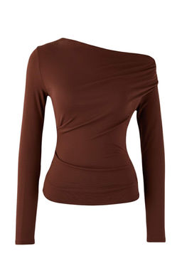 Kahverengi Fitted/Vucuda Oturan Asimetrik yaka Detayl? Yumusak Kumasl? Orme Bluz TWOAW26BZ00088