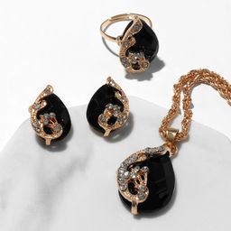 Гарнитур 3 предмета: серьги, кулон, кольцо «Капли», цвет чёрно-белый в золоте, 45 см