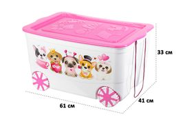 Ящик для игрушек 55 л 61*41*33 см KidsBox Милые щенки белый с розовой крышкой, на колёсах - Elan gallery фото 2