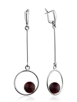Длинные геометрические серьги из серебра и вишнёвого янтаря Юпитер