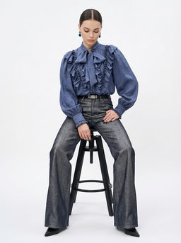 Блузка с рюшами и воротником-завязка OD-988-3 синий