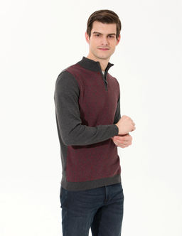 Gri Melanj Slim Fit Fermuarl_ Dik Yaka Triko Kazak - Pierre cardin фото 3