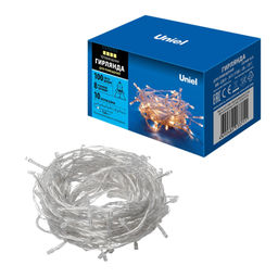 ULD-S1000-100/DTA WARM WHITE IP20 Гирлянда светодиодная, 10м. 100 светодиодов. Теплый белый свет. Провод прозрачный. ТМ Uniel