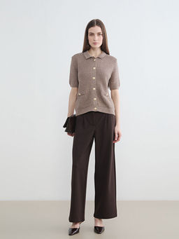 Y?ksek Bel Geni? Pa?a Pileli Kad?n Kuma? Pantolon