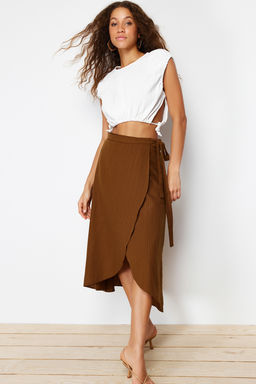 TRENDYOLMILLA Camel Kruvaze Kapama Baglama Detayl? Midi Dokuma Etek TWOSS24ET00052 фото 10