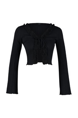 Trendyolmilla Siyah F?rf?r Detayl? Onden Baglamal? Fitilli Esnek Crop Orme Bluz TWOAW24BZ00109