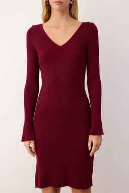 Bordo V Yaka Duz K?sa / Mini V Yaka Bodycone Triko Elbise TWOAW26EL00052