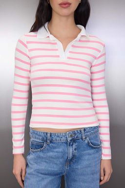 Kahverengi Cizgili Soft Touch Polo Yaka Vucuda Oturan Orme Bluz TWOAW26BZ00355 - Trendyolmilla фото 7