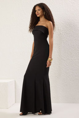 TRENDYOLMILLA Siyah Bal?k Kesim Straplez Dokuma Uzun S?k Abiye & Mezuniyet Elbise TPRSS25AE00167