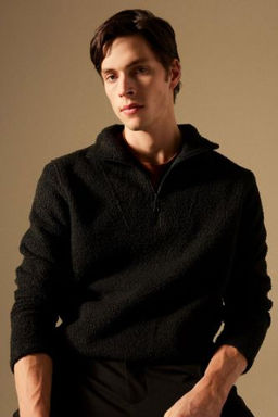 Regular Fit Dik Yaka Fermuarl? Pelus Sweatshirt