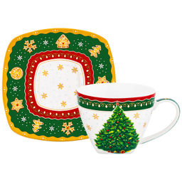 Чайная пара 2 пр. 250 мл 11,5*9*7,5 см "Новогодняя елка" зеленый узор NEW BONE CHINA
