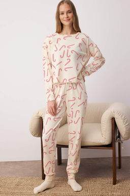 Bej %100 Pamuklu Y?lbas? Temal? Orme Pijama Tak?m? THMAW21PT0771
