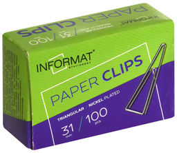 Цена за 2 шт. Скрепки INFORMAT 31 мм 100 шт., никелированные треугольные загнутые, картонная упаковка