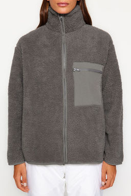 Winter Essentials Antrasit Kal?n Polar Fermuarl? Dik Yaka Cepli Orme Sweatshirt TWOAW24SW00071