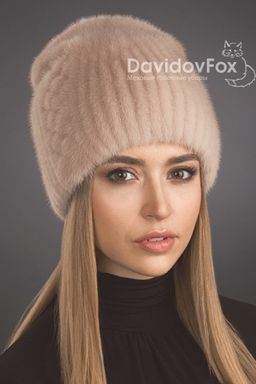 Шапка Бини норка орнамент дымчатая роза