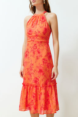 TRENDYOLMILLA Lacivert Cicek Desenli A Kesim Halter Yaka Astarl? Midi Dokuma Elbise TWOSS19LJ0200  фото 4