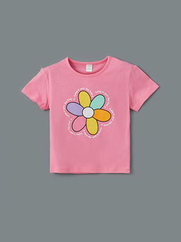 Bisiklet Yaka ?i?ekli K?z ?ocuk Ti??rt