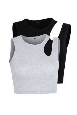Siyah-gri melanj 2li Paket Cut Out Detayl? Fitted Crop Fitilli Esnek Orme Atlet TWOSS23AL00006