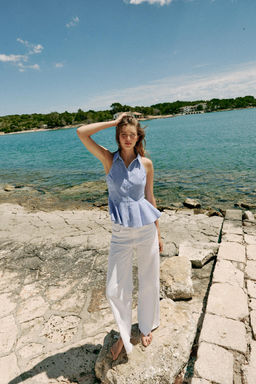 CAMISA HALTER RAYAS PEPLUM / Crudo / Azul