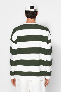 TRENDYOL MAN Indigo-Ekru Oversize/Genis Kesim Bisiklet Yaka Cizgili Ici Polarl? Pamuklu Sweatshirt TMNAW24SW00098 - Trendyolmilla фото 6