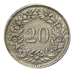 Монета 20 раппенов 1944 года Швейцария