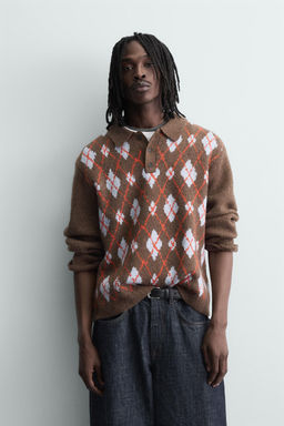 KNIT ARGYLE POLO SHIRT WITH RIPPED EFFECT - Zara фото 10