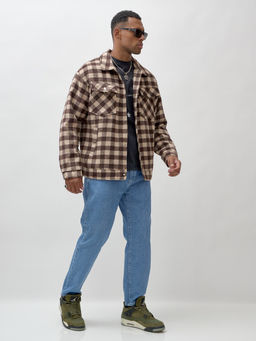 Куртка рубашка шерстяная в клетку мужская демисезонная коричневого цвета 58566K