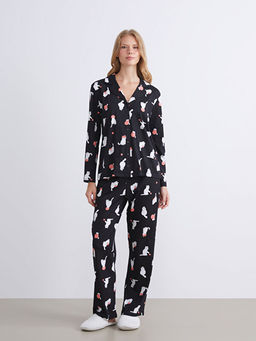 G?mlek Yaka Bask?l? Kad?n Pijama Tak?m?