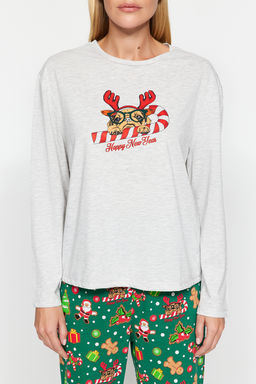 Gri Melanj %100 Pamuklu Y?lbas? Temal? Orme Pijama Tak?m? THMAW24PT00058