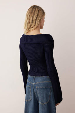 Lacivert Devrik Yaka Cift Fermuarl? Triko H?rka TWOAW26HI00282