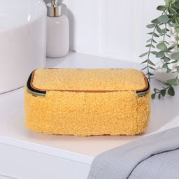 Косметичка-сундучок на молнии, на подкладке, плюшевая, с ручкой, жёлтая