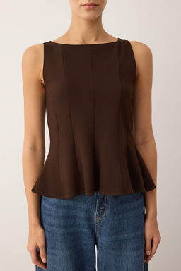 Kahverengi Peplum/Belden Oturmal? Kay?k Yaka Esnek Orme Bluz TWOAW26BZ00229 - Trendyolmilla фото 3