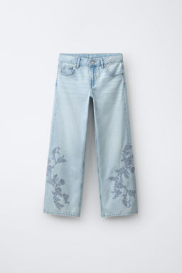 JEANS WIDE LEG FLORES BORDADAS STRASS / Azul