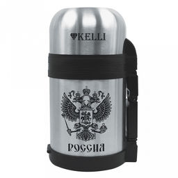 Термос из нержавеющей стали с широким горлом "Kelli" 1,5л, двойные стенки, завинчивающаяся крышка, ручка, ремень (Китай)