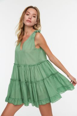 TRENDYOLMILLA Sar? Genis Kal?p Dokuma %100 Pamuk F?rf?rl? Mini Plaj Elbisesi TBESS21EL1247  фото 7