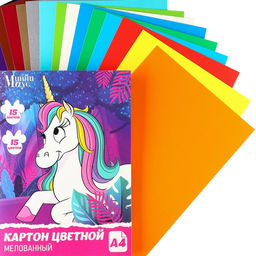 Картон цветной мелованный, Единорог, А4, 15 л. 15 цв., Минни Маус