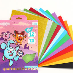 Набор цветного картона Смешарики: 4 цвета с блёстками + 8 цветов, 12 листов, 250 г/м2