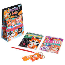 Подарочный набор книг 3 в 1 Кото бокс: гравюры + наклейки + брелок